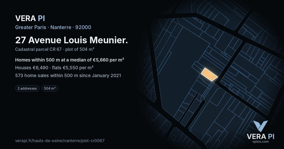 27 Avenue Louis Meunier, Nanterre at night – the plot lit, the parcels around coloured by the prices near them