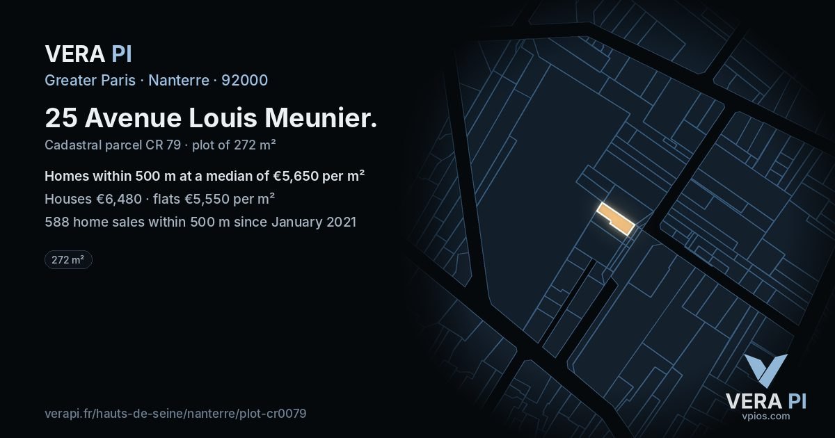 25 Avenue Louis Meunier, Nanterre at night – the plot lit, the parcels around coloured by the prices near them