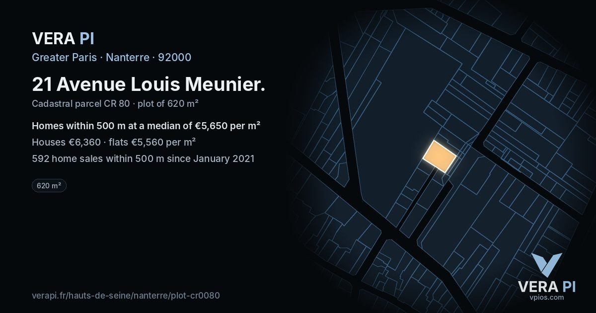 21 Avenue Louis Meunier, Nanterre at night – the plot lit, the parcels around coloured by the prices near them