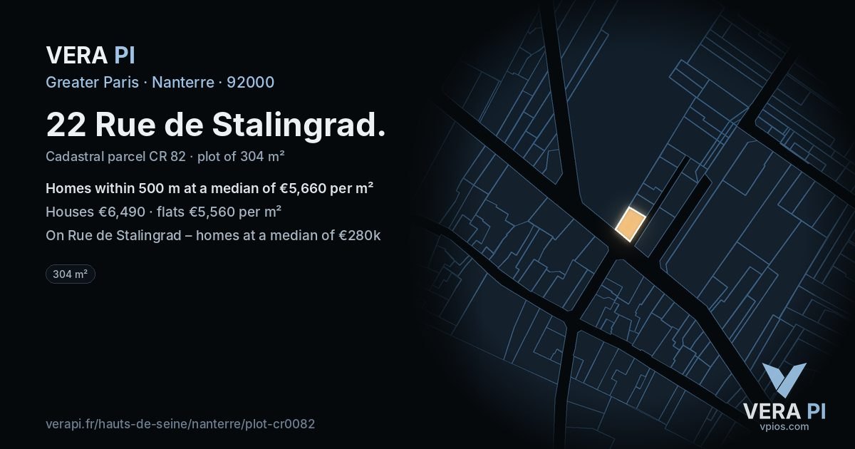 22 Rue de Stalingrad, Nanterre at night – the plot lit, the parcels around coloured by the prices near them