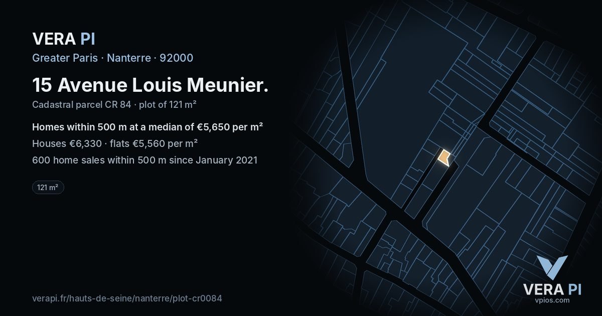 15 Avenue Louis Meunier, Nanterre at night – the plot lit, the parcels around coloured by the prices near them