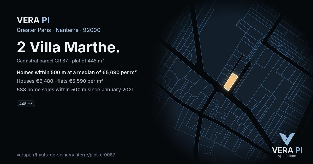 2 Villa Marthe, Nanterre at night – the plot lit, the parcels around coloured by the prices near them