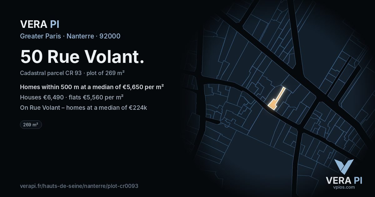 50 Rue Volant, Nanterre at night – the plot lit, the parcels around coloured by the prices near them