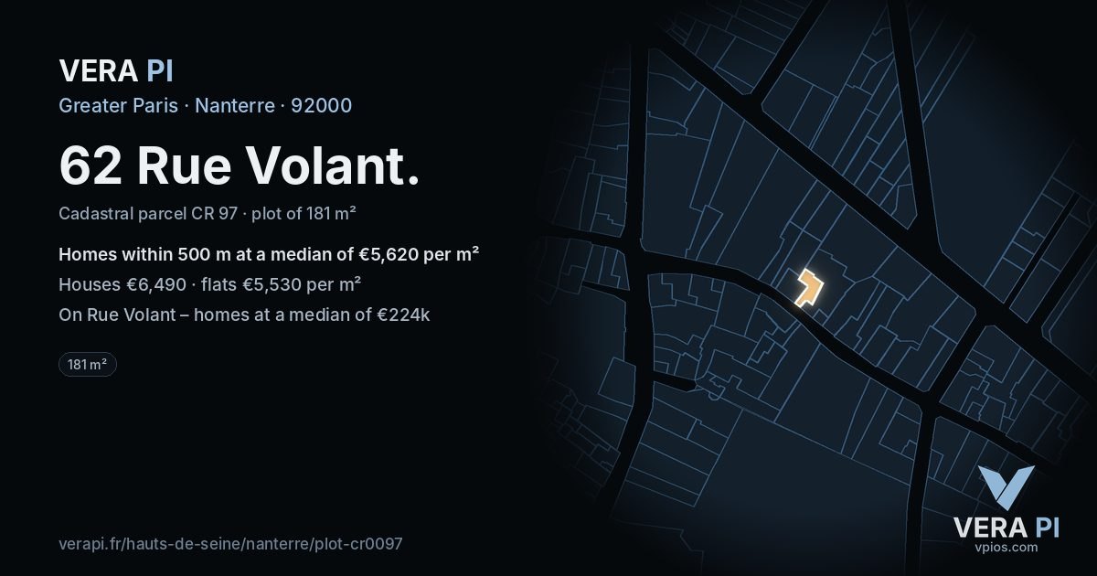 62 Rue Volant, Nanterre at night – the plot lit, the parcels around coloured by the prices near them