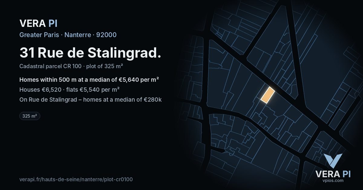 31 Rue de Stalingrad, Nanterre at night – the plot lit, the parcels around coloured by the prices near them