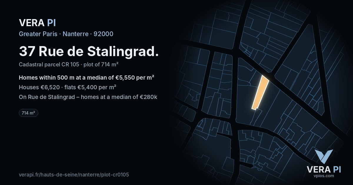 37 Rue de Stalingrad, Nanterre at night – the plot lit, the parcels around coloured by the prices near them