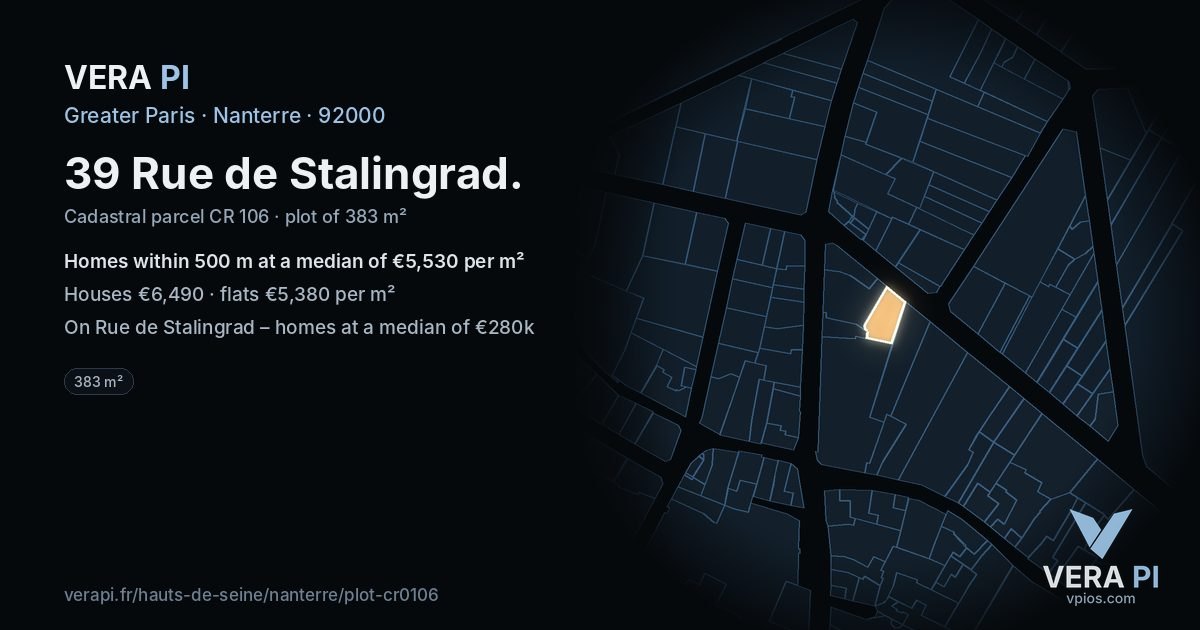 39 Rue de Stalingrad, Nanterre at night – the plot lit, the parcels around coloured by the prices near them