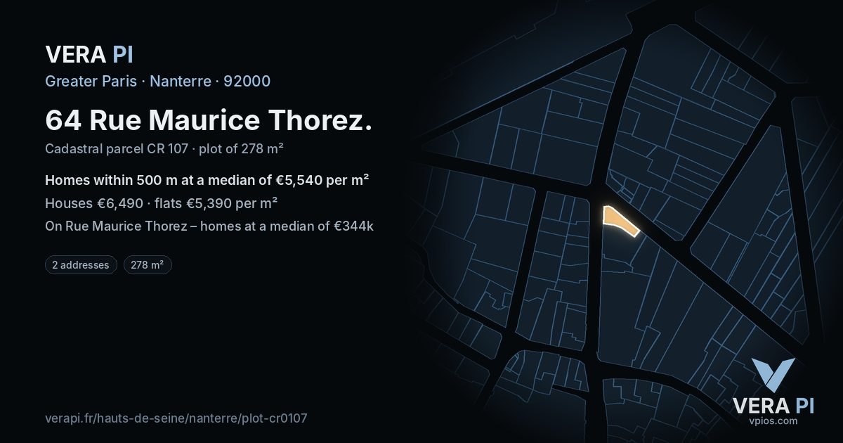 64 Rue Maurice Thorez, Nanterre at night – the plot lit, the parcels around coloured by the prices near them