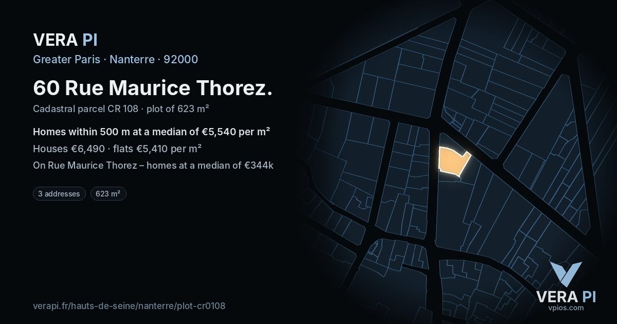 60 Rue Maurice Thorez, Nanterre at night – the plot lit, the parcels around coloured by the prices near them