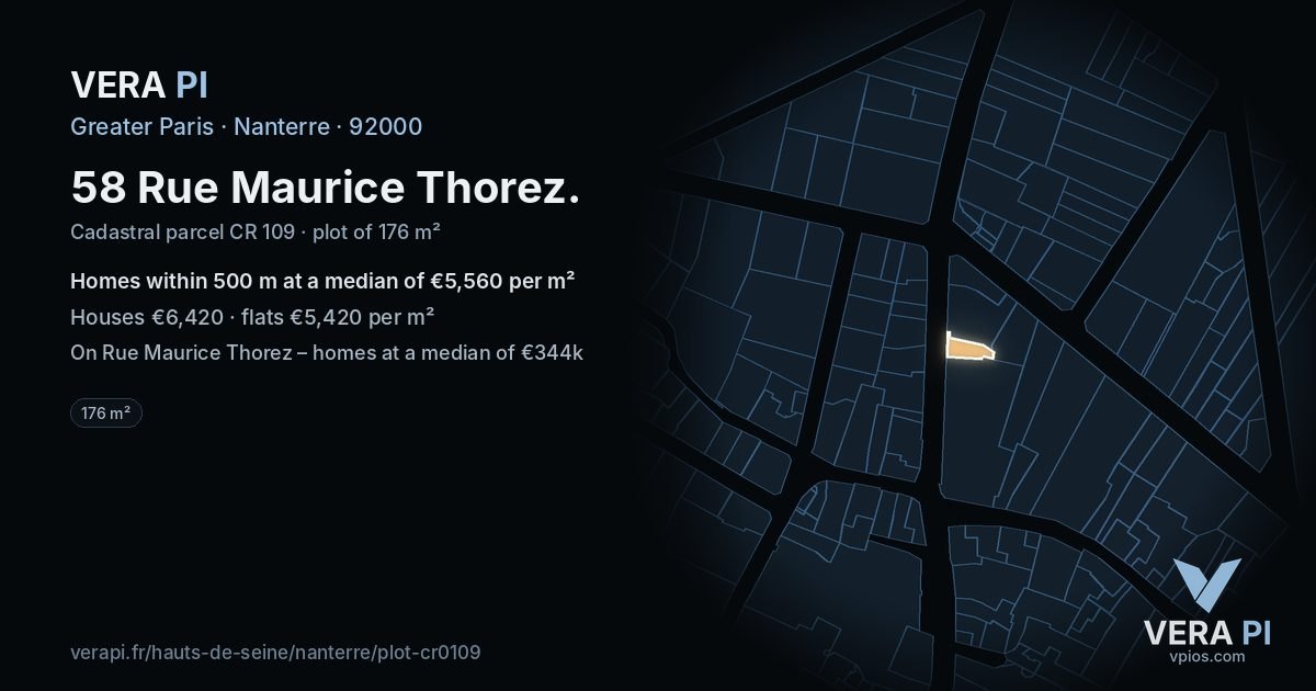58 Rue Maurice Thorez, Nanterre at night – the plot lit, the parcels around coloured by the prices near them