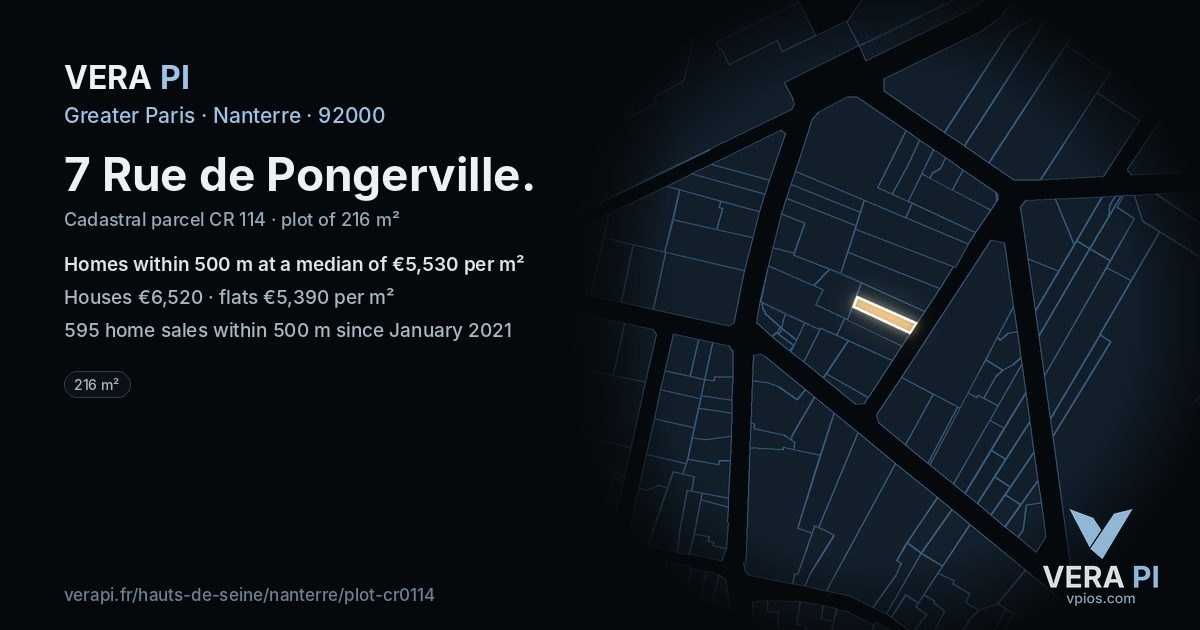 7 Rue de Pongerville, Nanterre at night – the plot lit, the parcels around coloured by the prices near them