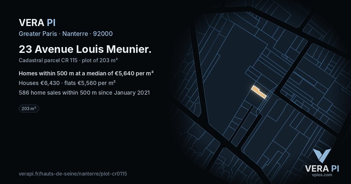 23 Avenue Louis Meunier, Nanterre at night – the plot lit, the parcels around coloured by the prices near them