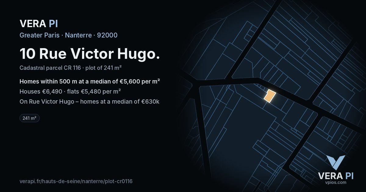 10 Rue Victor Hugo, Nanterre at night – the plot lit, the parcels around coloured by the prices near them