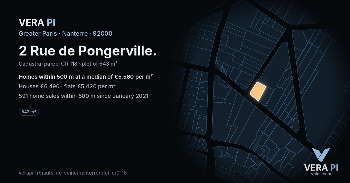 2 Rue de Pongerville, Nanterre at night – the plot lit, the parcels around coloured by the prices near them
