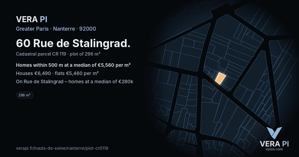 60 Rue de Stalingrad, Nanterre at night – the plot lit, the parcels around coloured by the prices near them