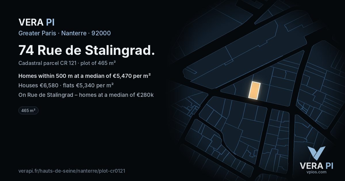 74 Rue de Stalingrad, Nanterre at night – the plot lit, the parcels around coloured by the prices near them