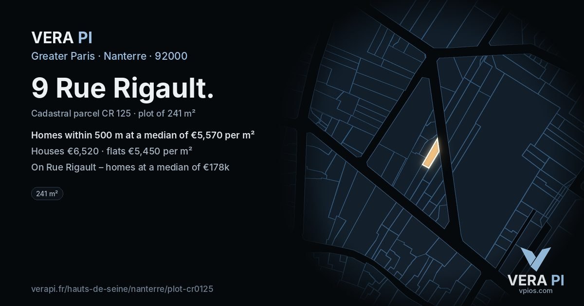 9 Rue Rigault, Nanterre at night – the plot lit, the parcels around coloured by the prices near them