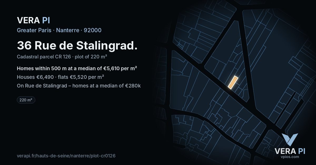 36 Rue de Stalingrad, Nanterre at night – the plot lit, the parcels around coloured by the prices near them