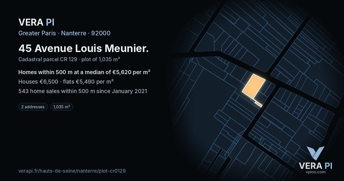 45 Avenue Louis Meunier, Nanterre at night – the plot lit, the parcels around coloured by the prices near them