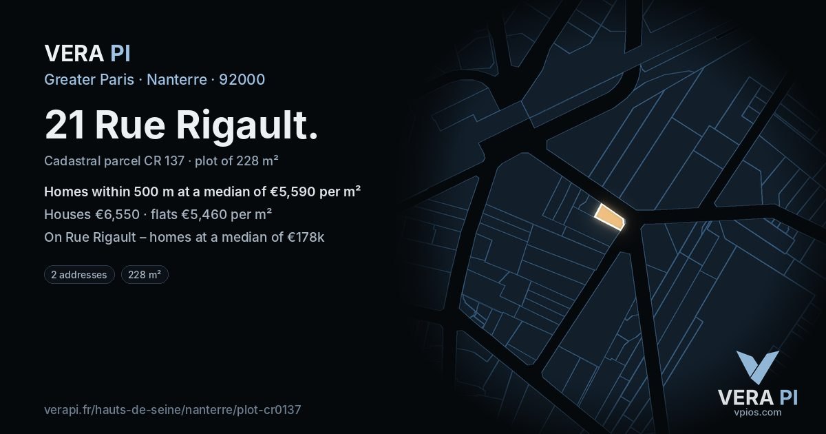 21 Rue Rigault, Nanterre at night – the plot lit, the parcels around coloured by the prices near them
