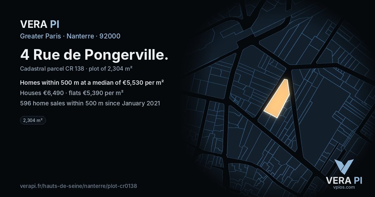4 Rue de Pongerville, Nanterre at night – the plot lit, the parcels around coloured by the prices near them
