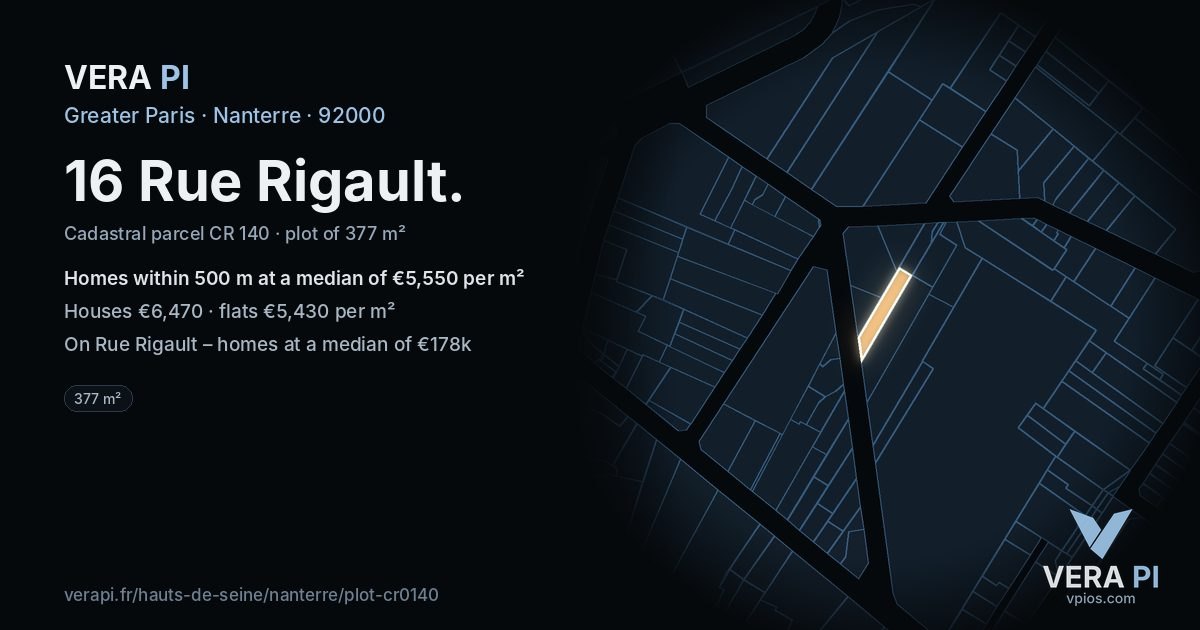 16 Rue Rigault, Nanterre at night – the plot lit, the parcels around coloured by the prices near them