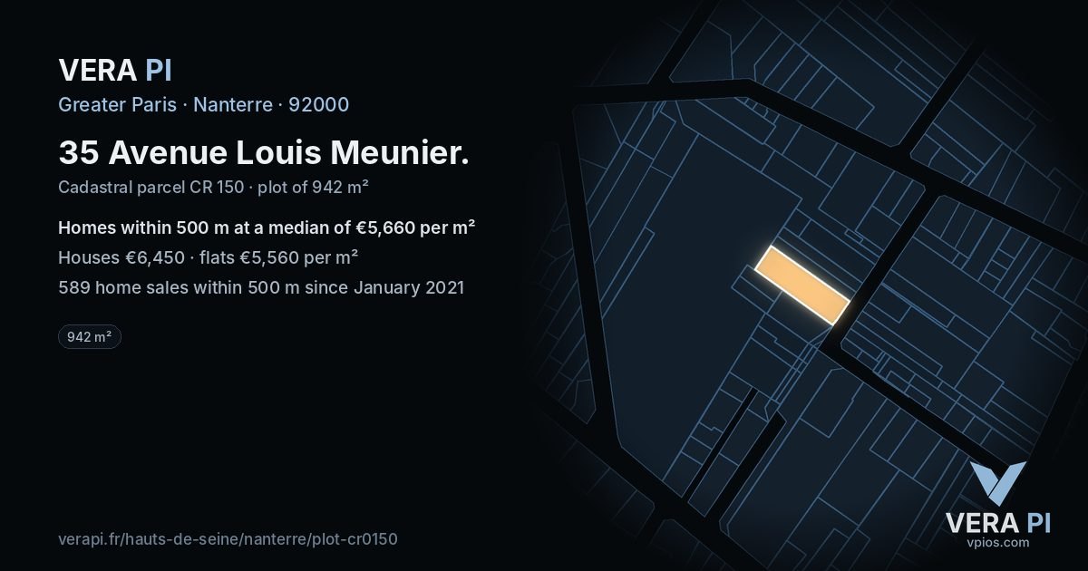 35 Avenue Louis Meunier, Nanterre at night – the plot lit, the parcels around coloured by the prices near them