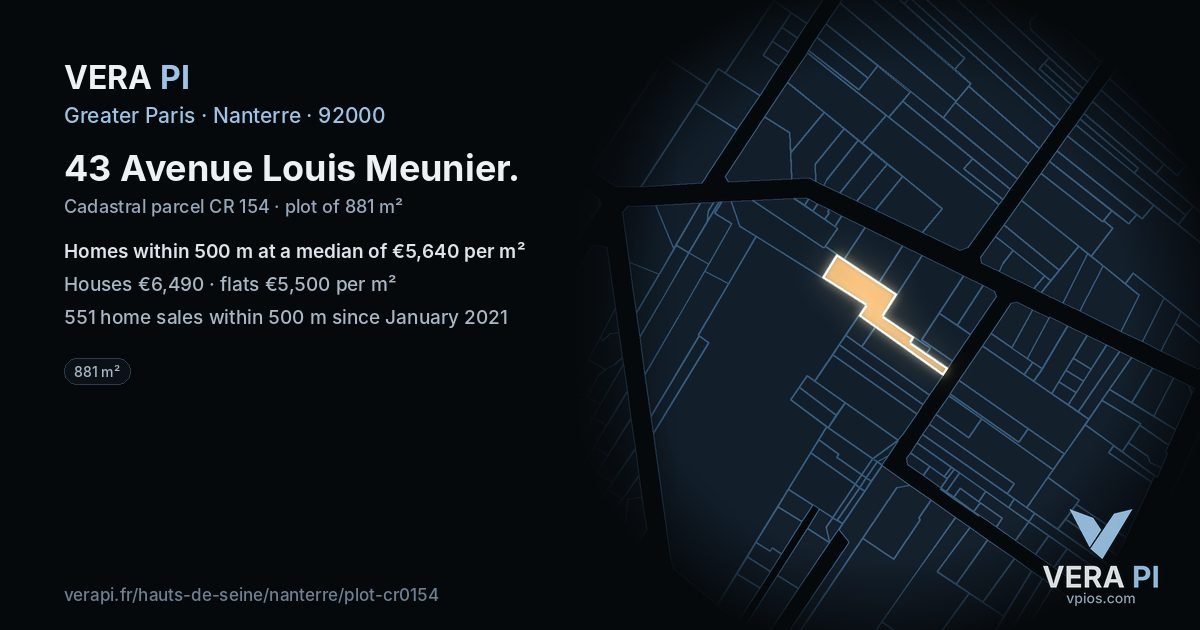 43 Avenue Louis Meunier, Nanterre at night – the plot lit, the parcels around coloured by the prices near them