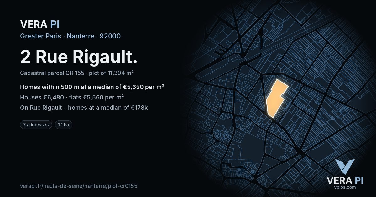 2 Rue Rigault, Nanterre at night – the plot lit, the parcels around coloured by the prices near them