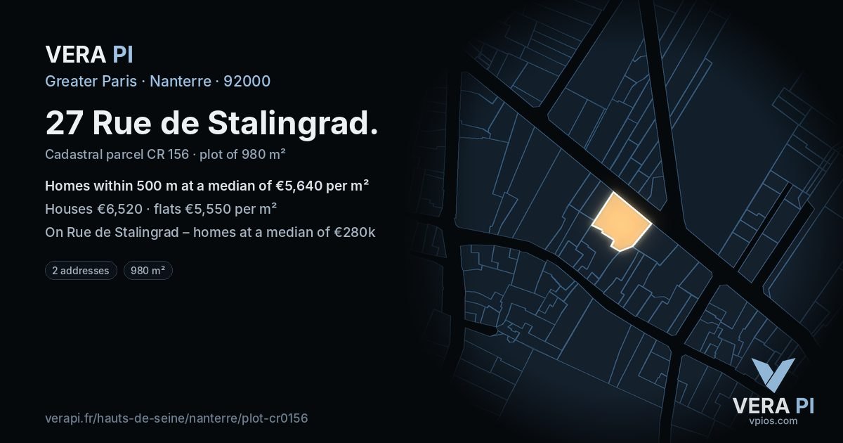 27 Rue de Stalingrad, Nanterre at night – the plot lit, the parcels around coloured by the prices near them