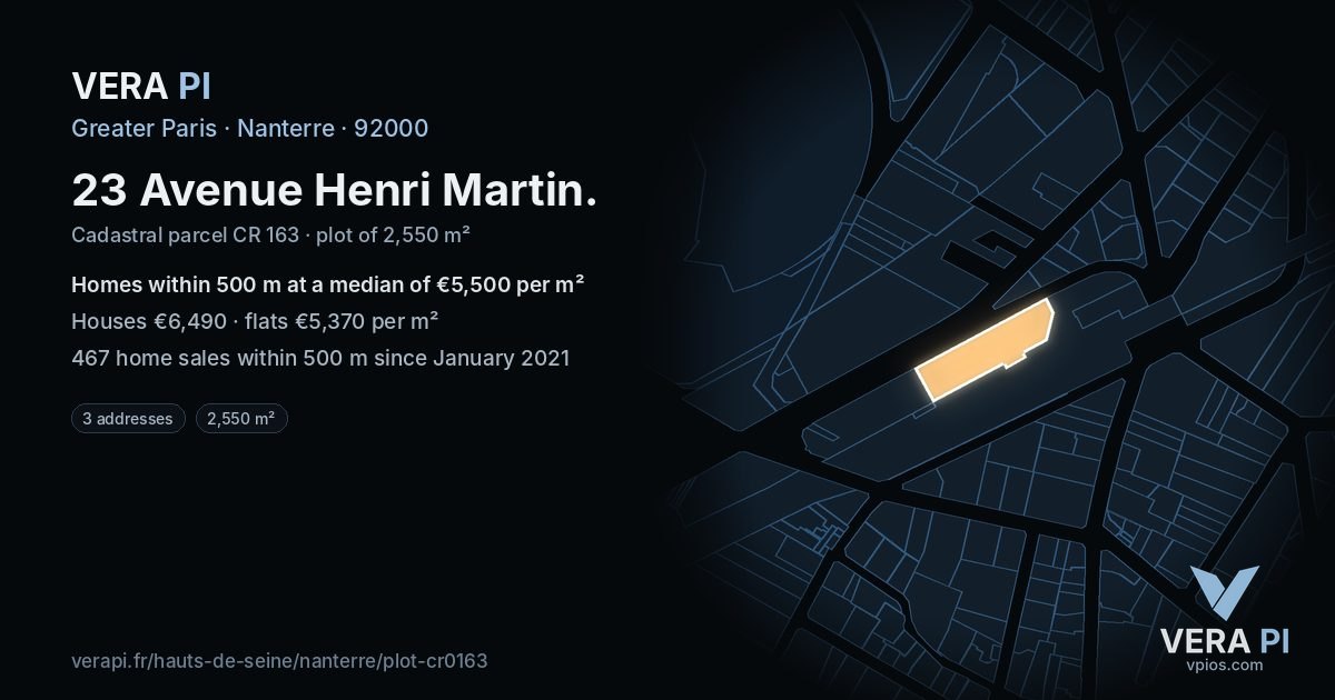 23 Avenue Henri Martin, Nanterre at night – the plot lit, the parcels around coloured by the prices near them