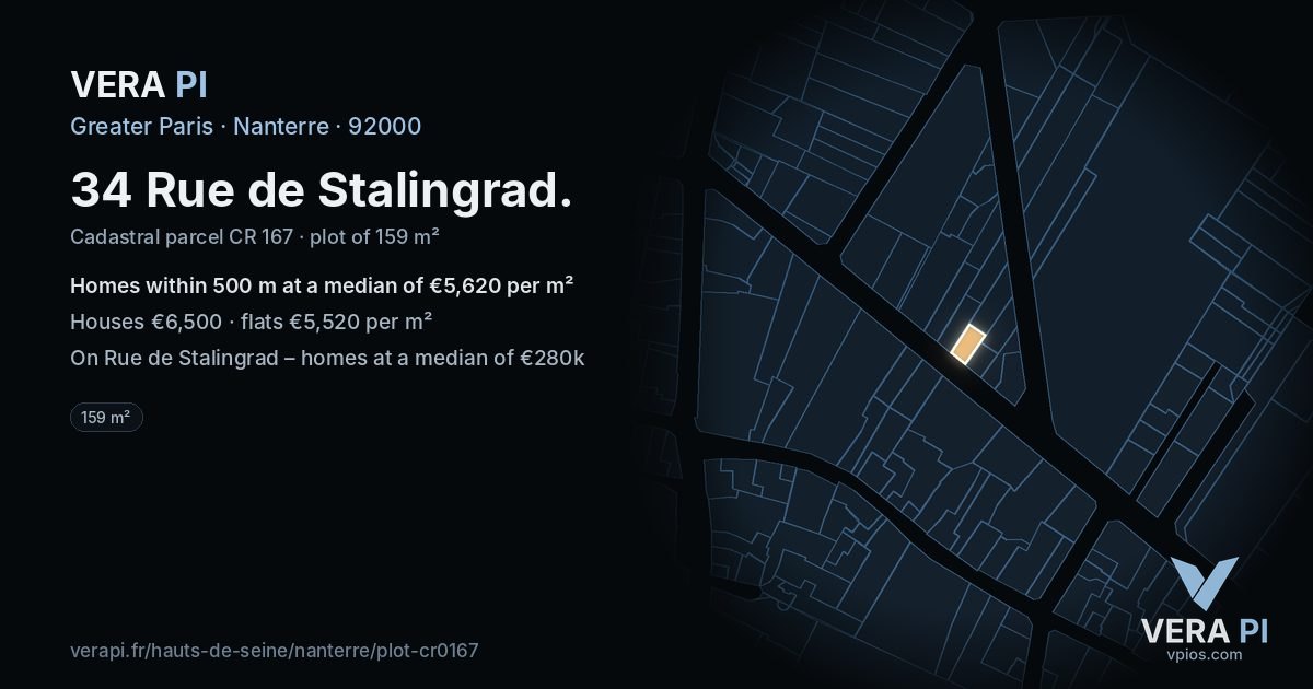 34 Rue de Stalingrad, Nanterre at night – the plot lit, the parcels around coloured by the prices near them