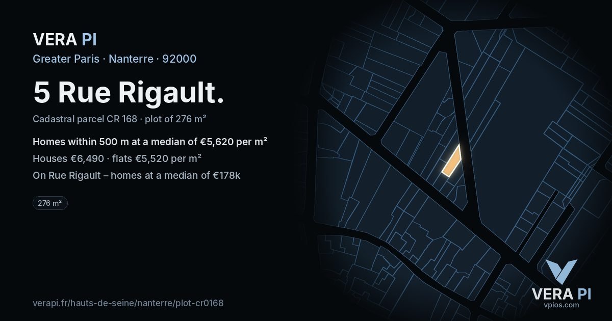5 Rue Rigault, Nanterre at night – the plot lit, the parcels around coloured by the prices near them