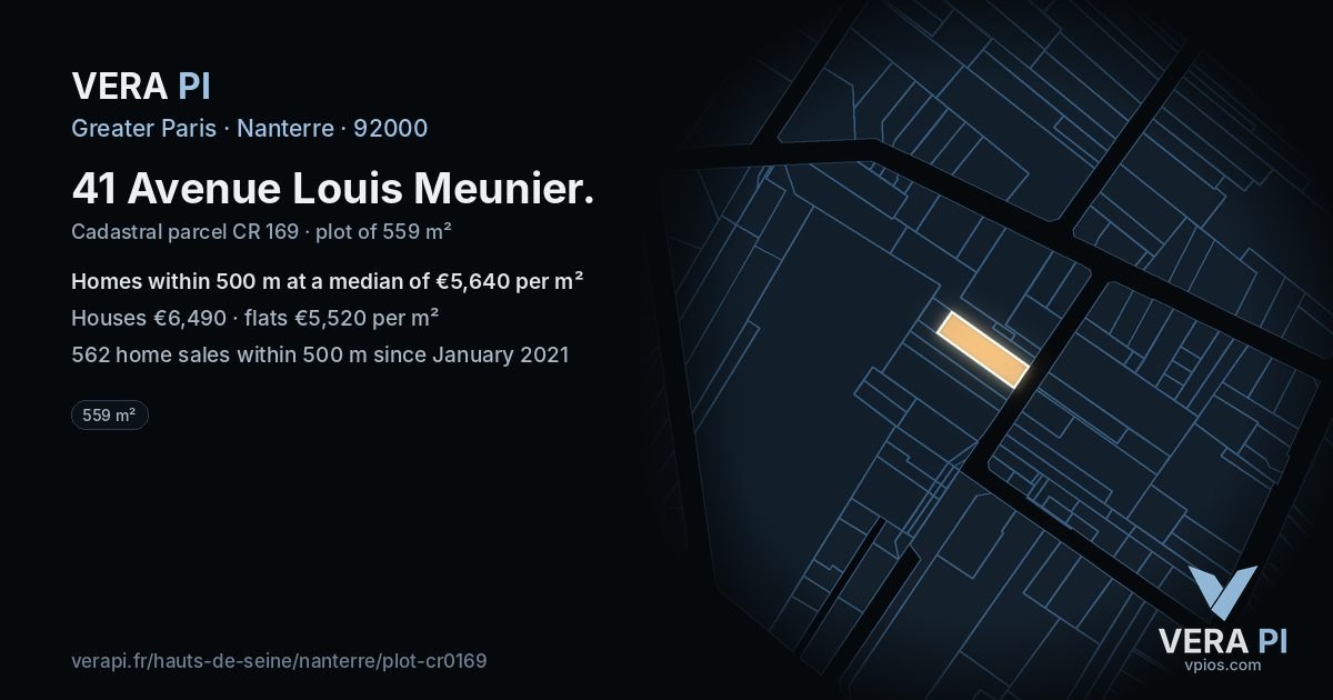 41 Avenue Louis Meunier, Nanterre at night – the plot lit, the parcels around coloured by the prices near them