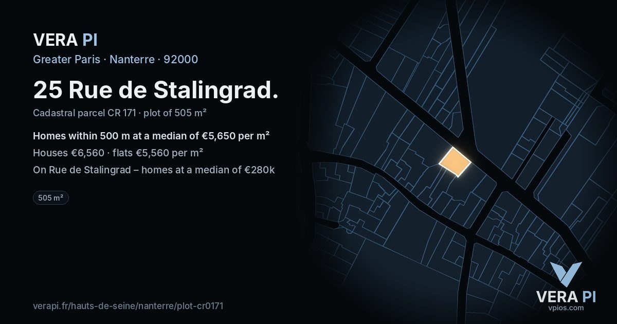 25 Rue de Stalingrad, Nanterre at night – the plot lit, the parcels around coloured by the prices near them