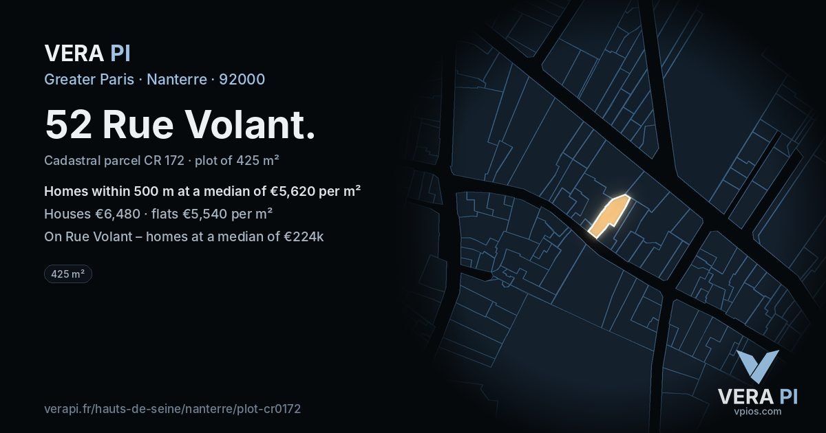 52 Rue Volant, Nanterre at night – the plot lit, the parcels around coloured by the prices near them