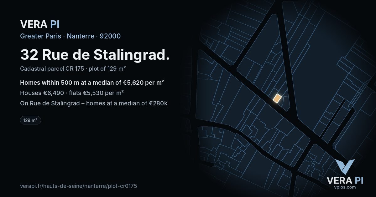 32 Rue de Stalingrad, Nanterre at night – the plot lit, the parcels around coloured by the prices near them