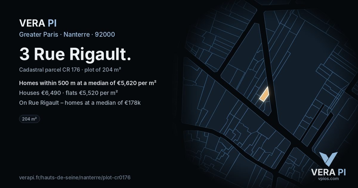 3 Rue Rigault, Nanterre at night – the plot lit, the parcels around coloured by the prices near them