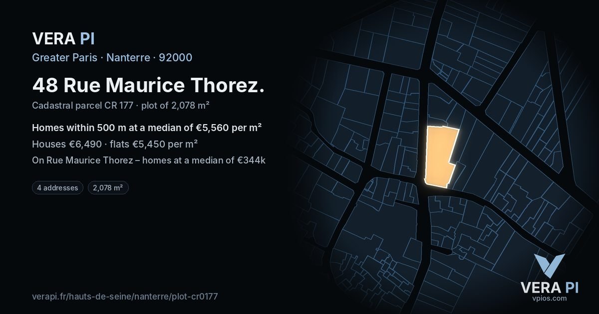 48 Rue Maurice Thorez, Nanterre at night – the plot lit, the parcels around coloured by the prices near them