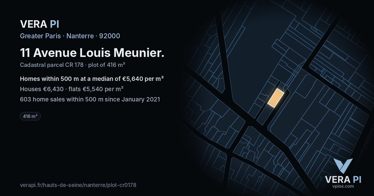 11 Avenue Louis Meunier, Nanterre at night – the plot lit, the parcels around coloured by the prices near them