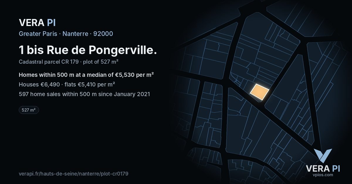 1 bis Rue de Pongerville, Nanterre at night – the plot lit, the parcels around coloured by the prices near them