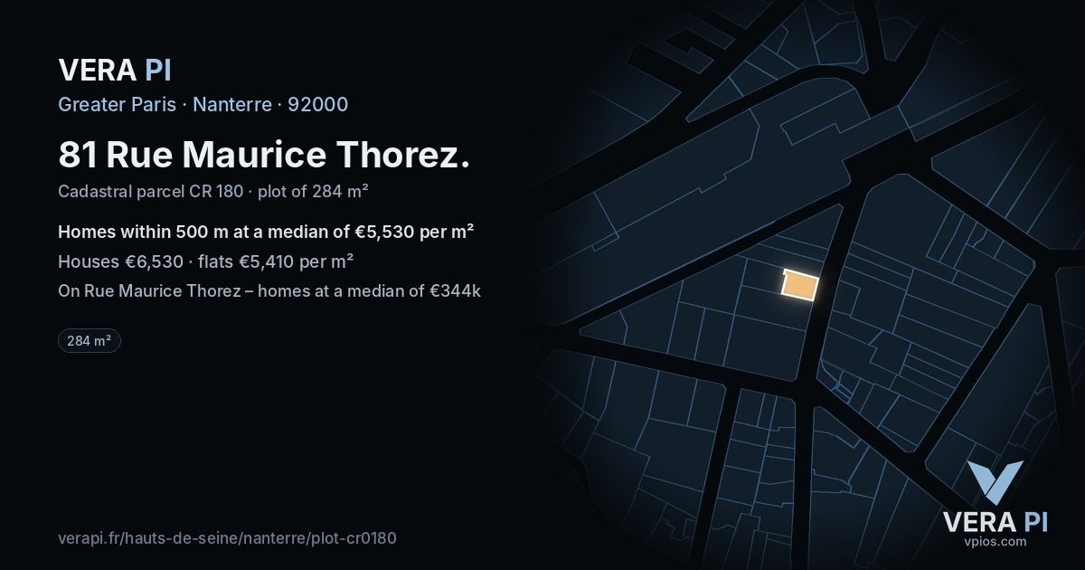 81 Rue Maurice Thorez, Nanterre at night – the plot lit, the parcels around coloured by the prices near them
