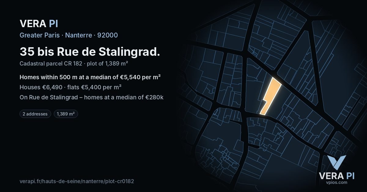 35 bis Rue de Stalingrad, Nanterre at night – the plot lit, the parcels around coloured by the prices near them
