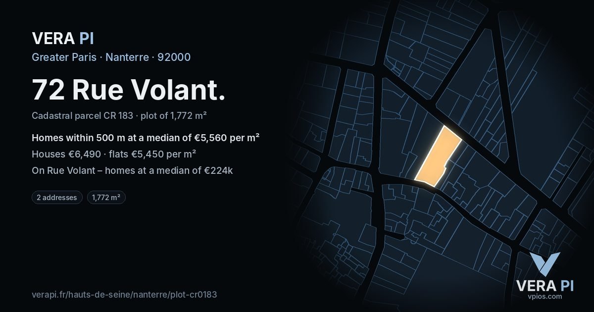 72 Rue Volant, Nanterre at night – the plot lit, the parcels around coloured by the prices near them