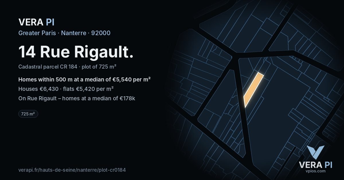 14 Rue Rigault, Nanterre at night – the plot lit, the parcels around coloured by the prices near them