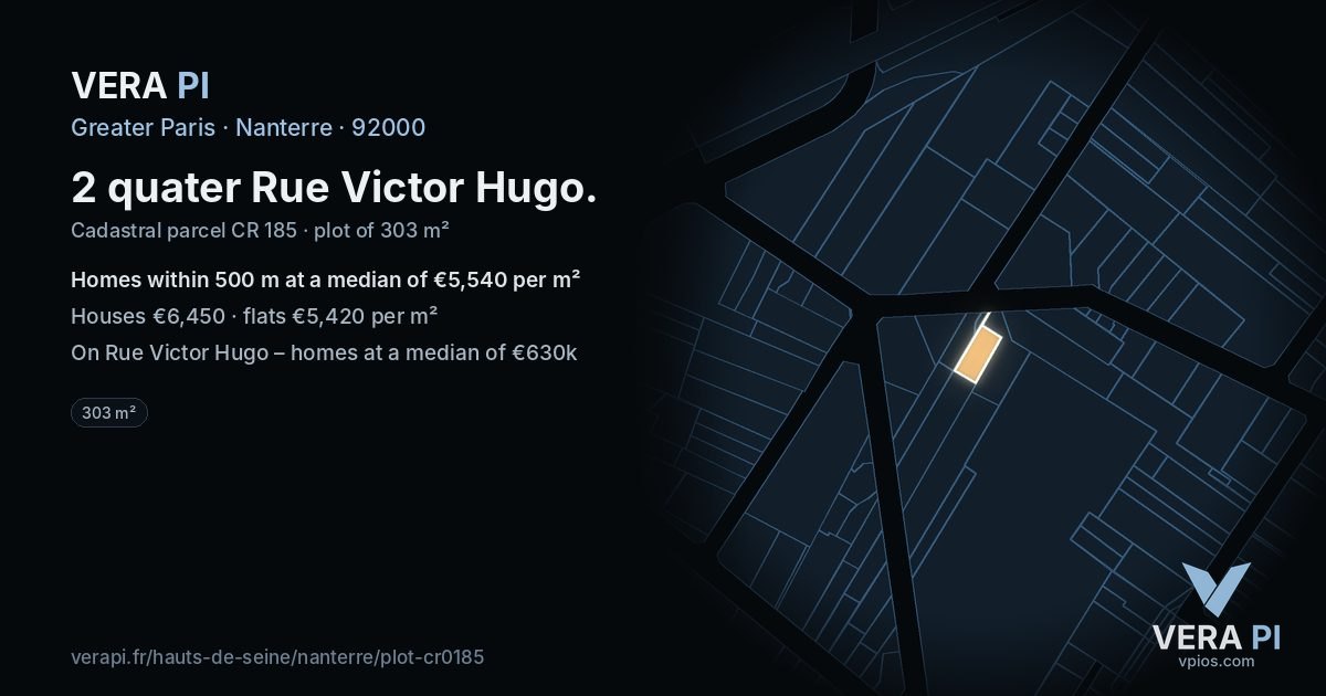 2 quater Rue Victor Hugo, Nanterre at night – the plot lit, the parcels around coloured by the prices near them
