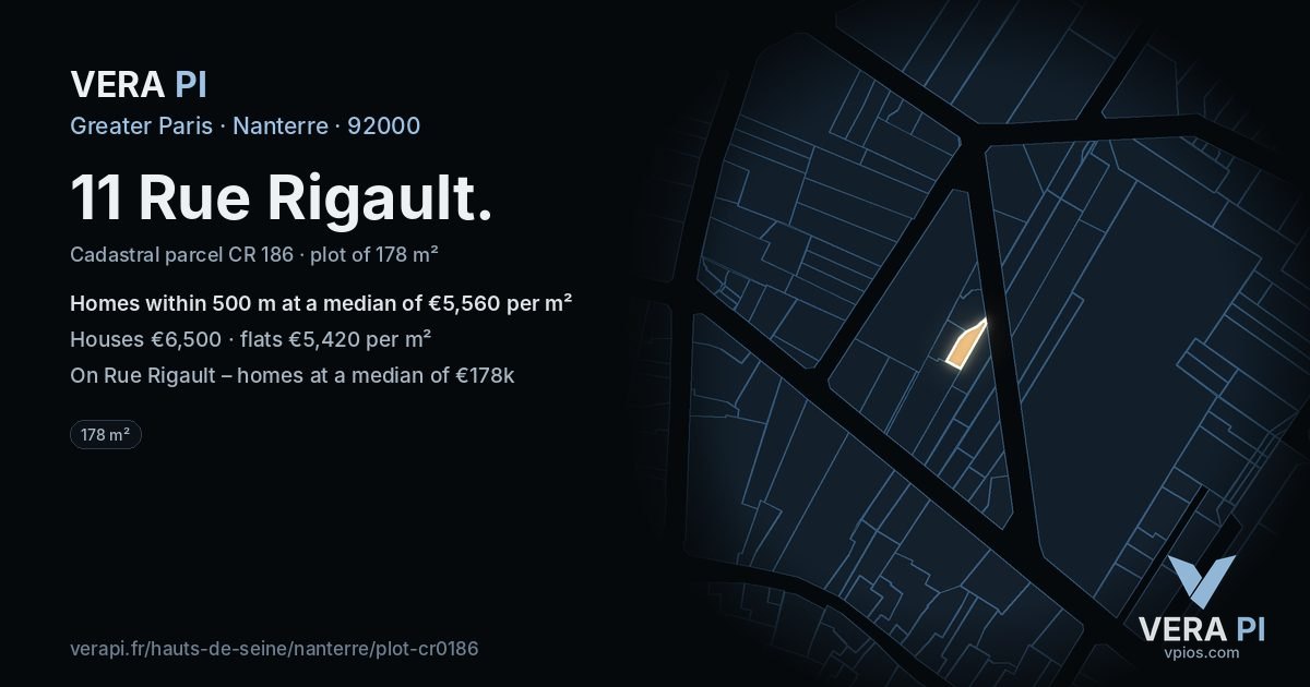 11 Rue Rigault, Nanterre at night – the plot lit, the parcels around coloured by the prices near them