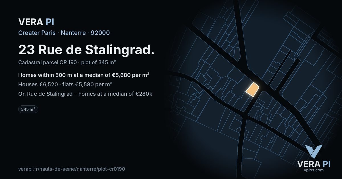 23 Rue de Stalingrad, Nanterre at night – the plot lit, the parcels around coloured by the prices near them