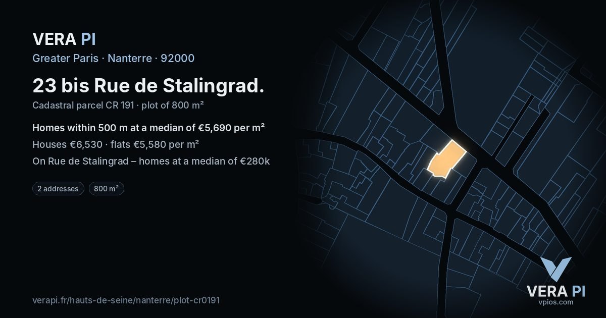 23 bis Rue de Stalingrad, Nanterre at night – the plot lit, the parcels around coloured by the prices near them