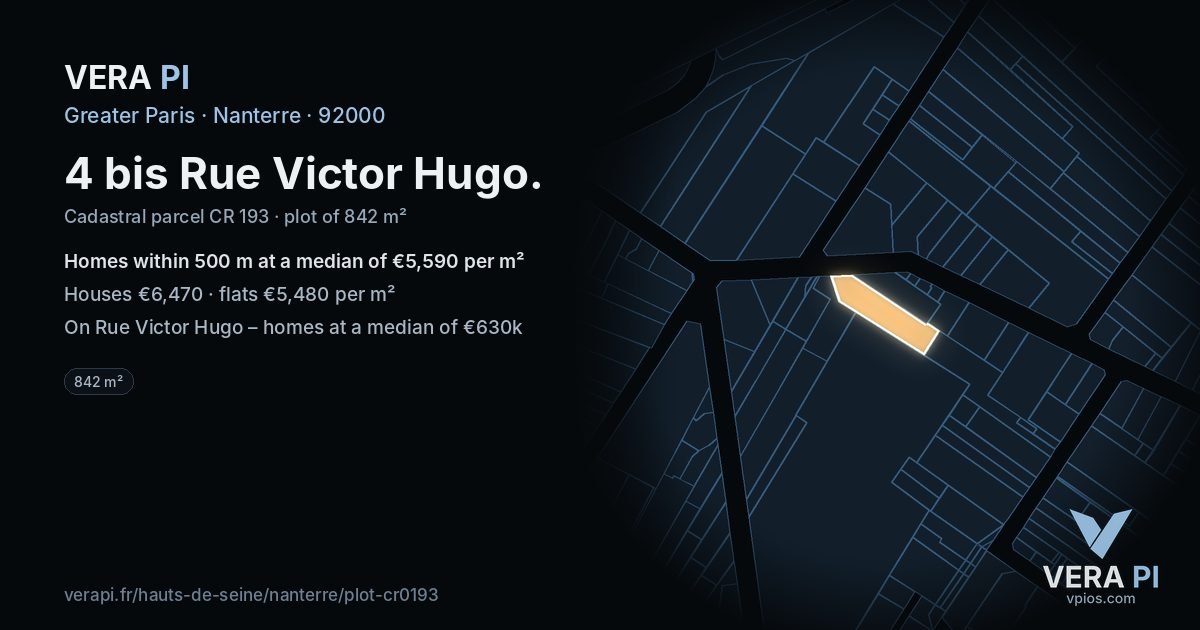 4 bis Rue Victor Hugo, Nanterre at night – the plot lit, the parcels around coloured by the prices near them